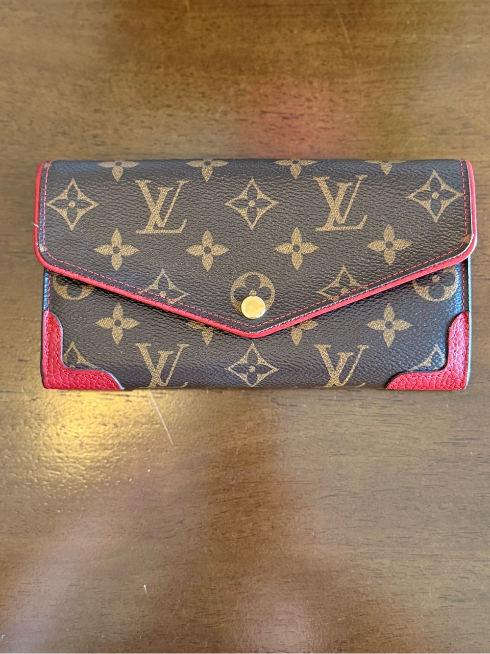 Louis Vuitton Monogram Canvas Wallet with Red Trim and Gold Snap